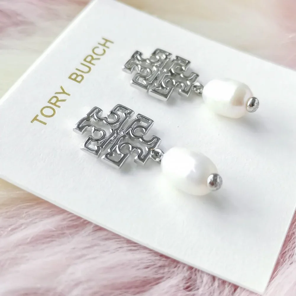 Tory Burch Silver Britton Logo White Pearl Drop Earrings - Picture 2 of 3